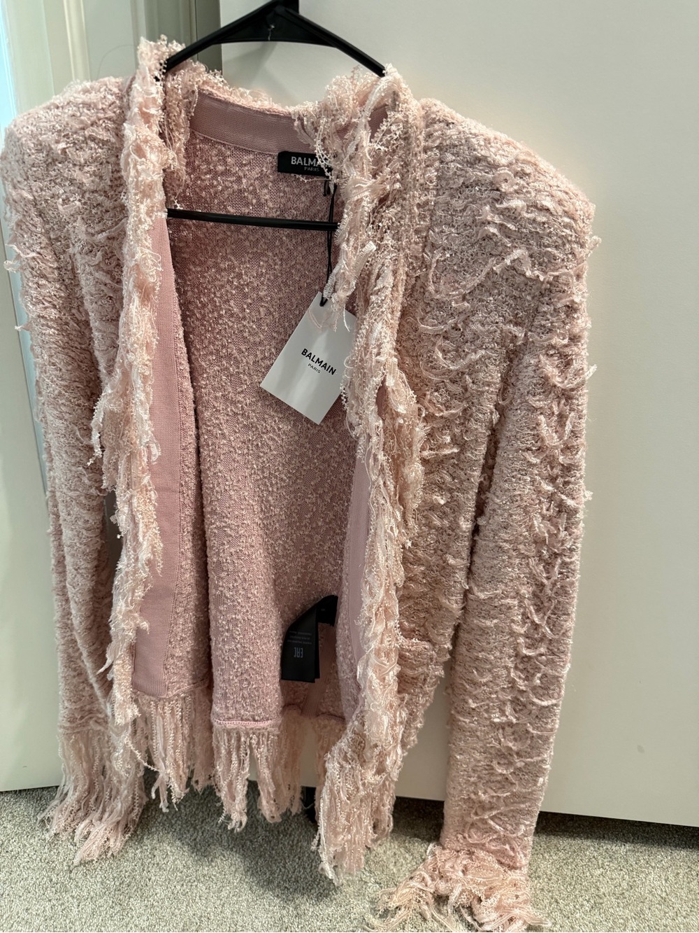 Balmain Dusty Pink Bouclé Fringe Open Cardigan